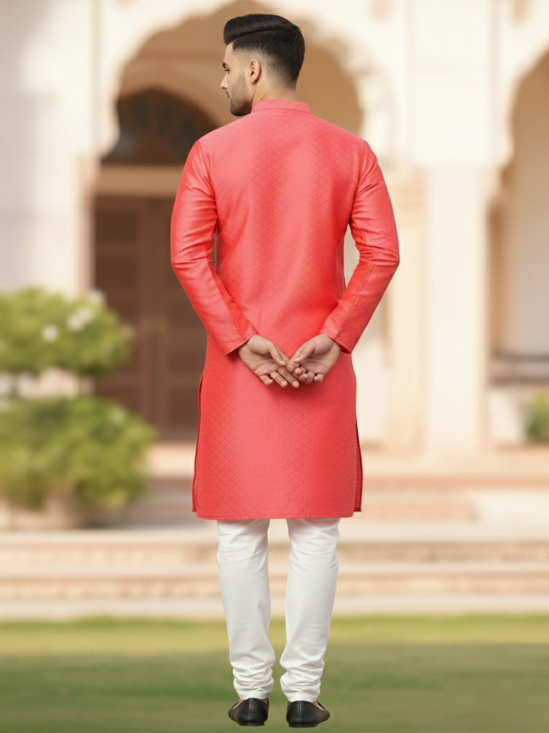 RudraRaj Jacquard Festive Kurta for Men | TerraDesi Royal Maroon Long Kurta