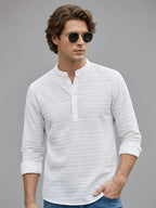 TerraDesi White Textured Cotton Short Kurta for Men | Minimal Mandarin Collar Kurta