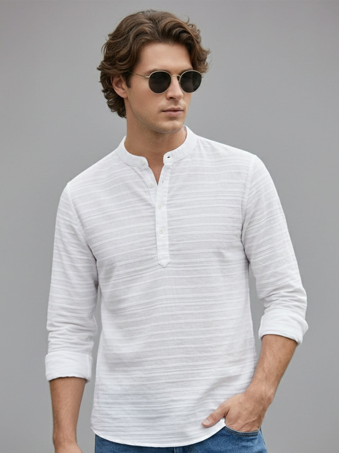 TerraDesi White Textured Cotton Short Kurta for Men | Minimal Mandarin Collar Kurta