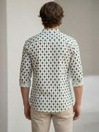 TerraDesi Ivory & Forest Green Printed Cotton Kurta for Men | Mandarin Collar Casual Kurta