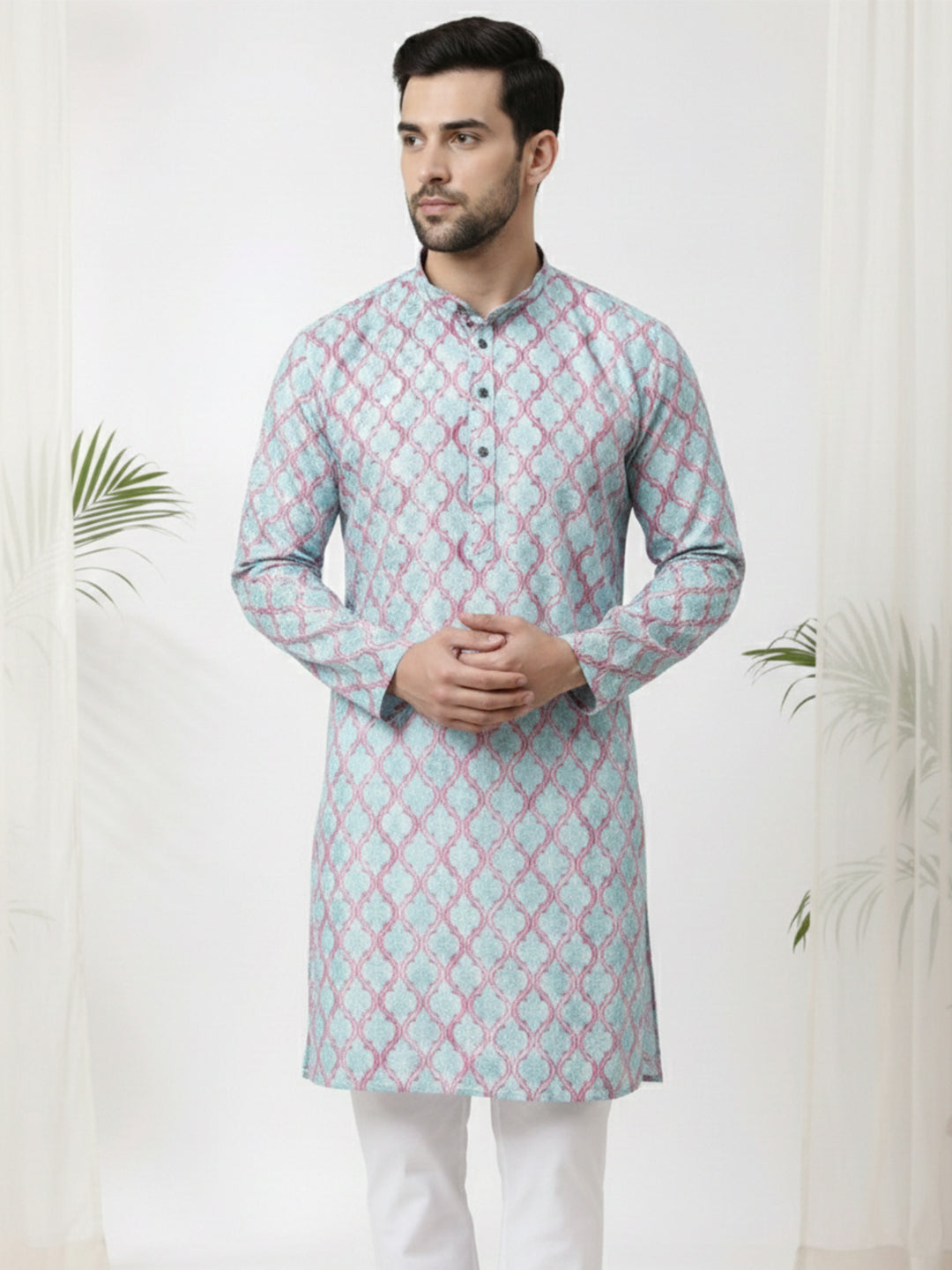 TerraDesi Royal Peach Crochet Kurta Set for Men – Designer Self Printed Festive Kurta with Pajama