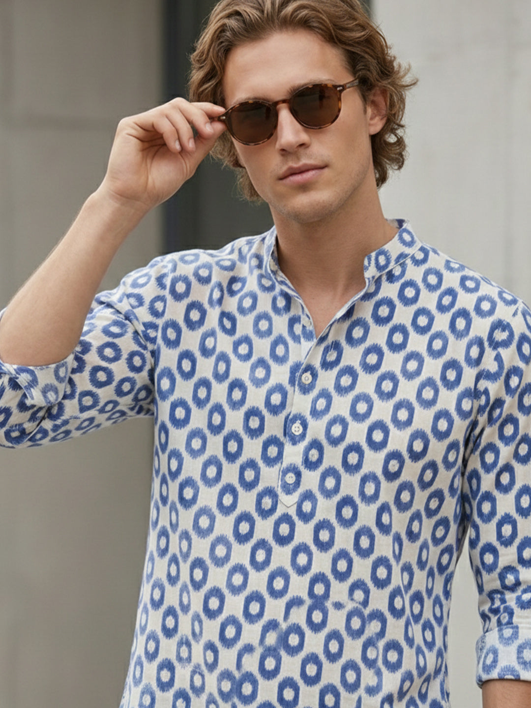TerraDesi Royal Blue Printed Cotton Kurta for Men | Chinese Collar Casual Kurta