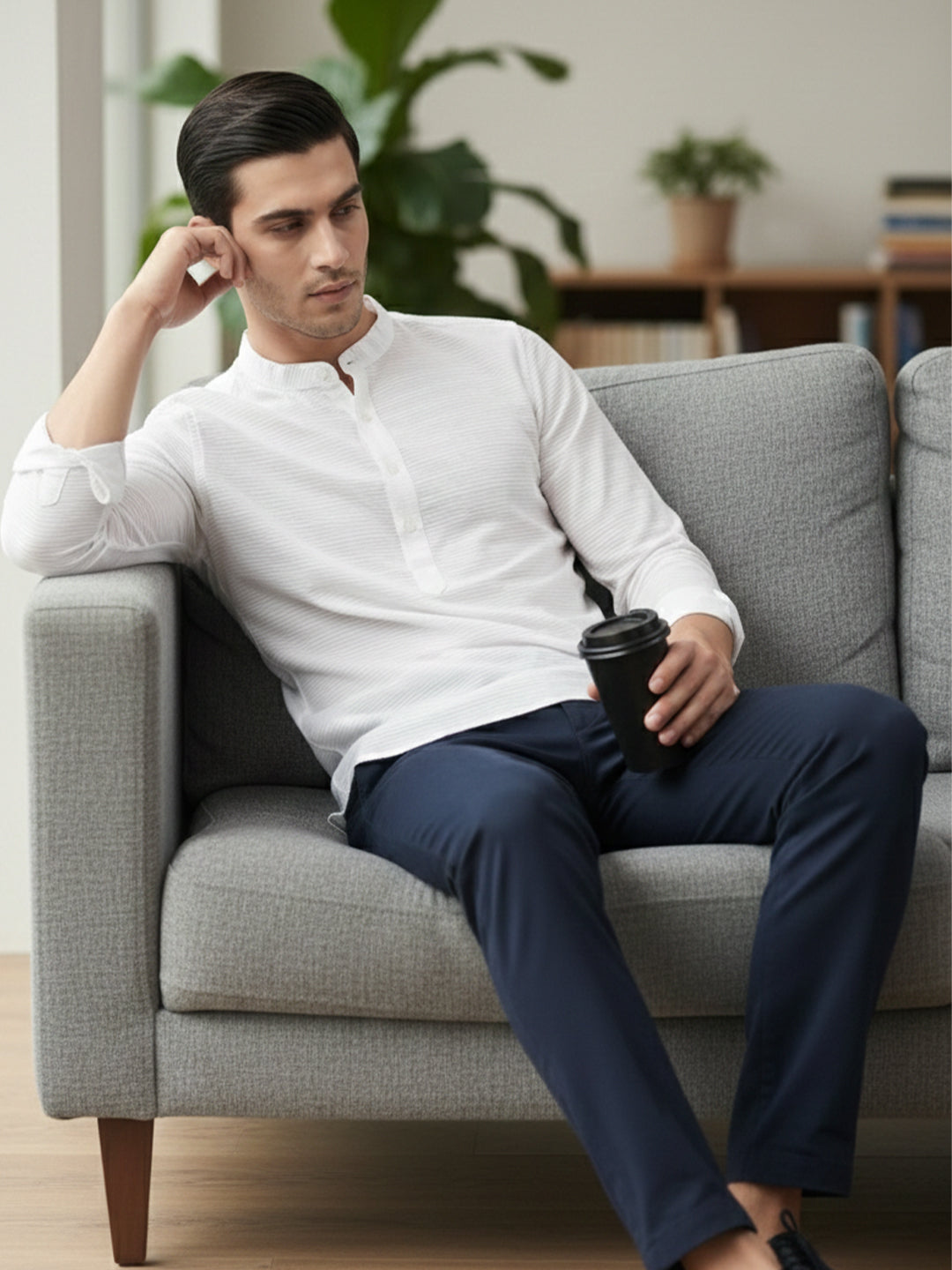 TerraDesi Men’s White Cotton Textured Stripe Short Kurta | Mandarin Collar Roll-Up Sleeve Kurta Main image