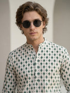 TerraDesi Ivory & Forest Green Printed Cotton Kurta for Men | Mandarin Collar Casual Kurta