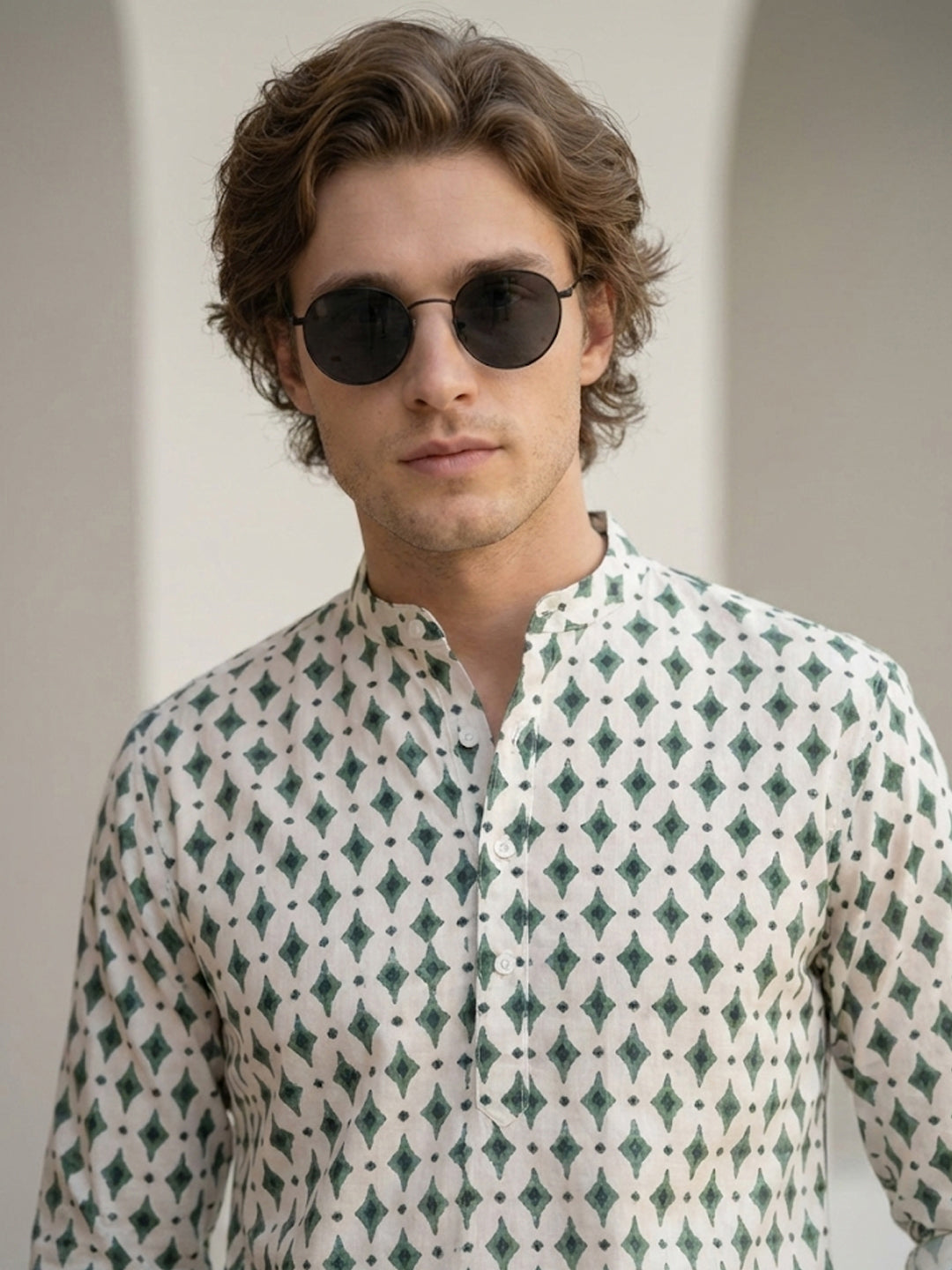TerraDesi Ivory & Forest Green Printed Cotton Kurta for Men | Mandarin Collar Casual Kurta