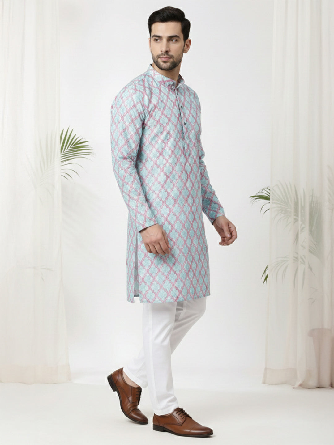 TerraDesi Royal Peach Crochet Kurta Set for Men – Designer Self Printed Festive Kurta with Pajama