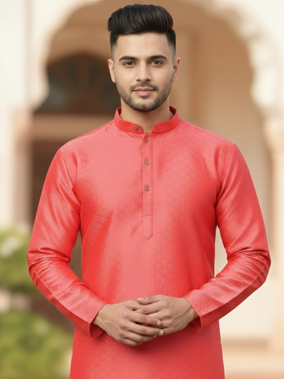 RudraRaj Jacquard Festive Kurta for Men | TerraDesi Royal Maroon Long Kurta