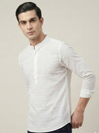 TerraDesi Men’s White Cotton Textured Stripe Short Kurta | Mandarin Collar Roll-Up Sleeve Kurta