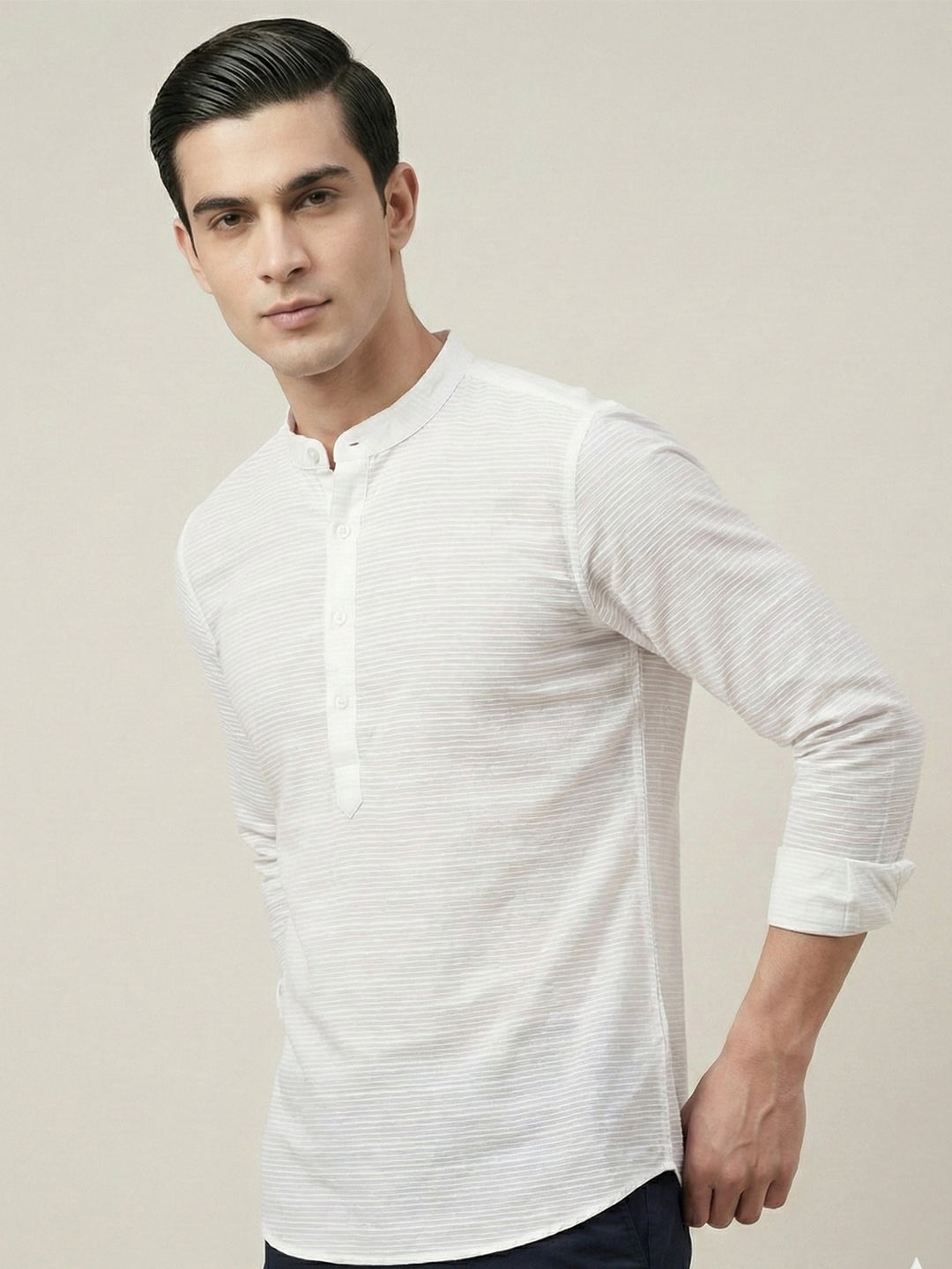 TerraDesi Men’s White Cotton Textured Stripe Short Kurta | Mandarin Collar Roll-Up Sleeve Kurta