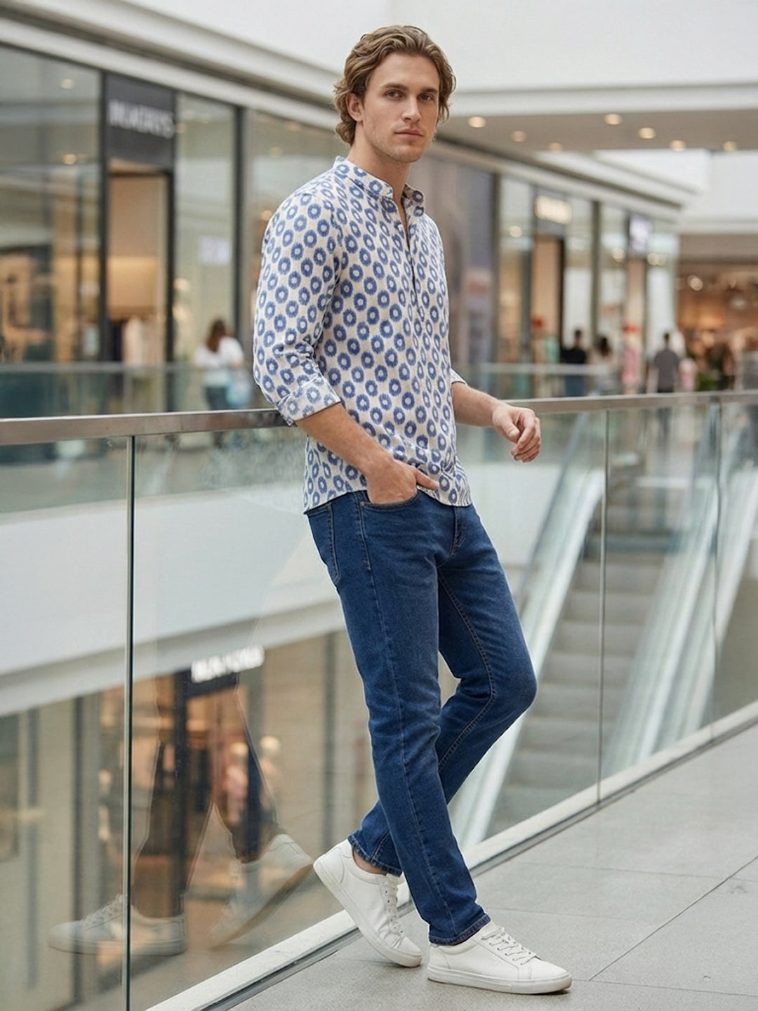 TerraDesi Royal Blue Printed Cotton Kurta for Men | Chinese Collar Casual Kurta Main image