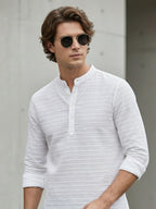 TerraDesi White Textured Cotton Short Kurta for Men | Minimal Mandarin Collar Kurta