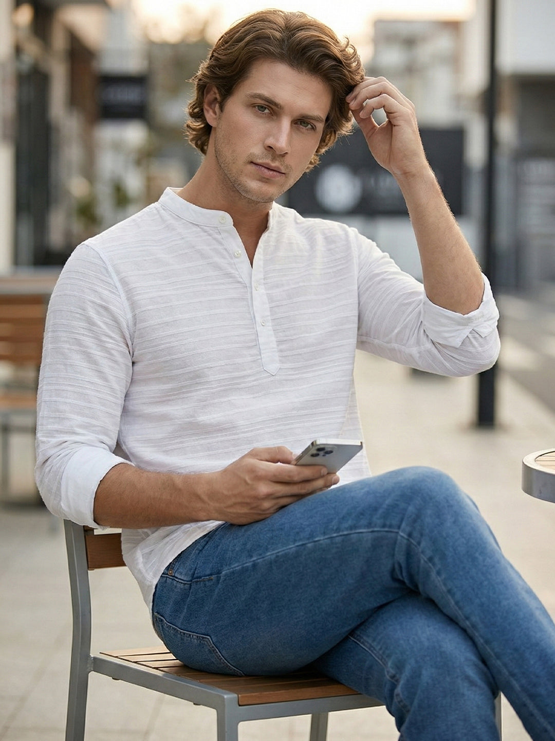 TerraDesi White Textured Cotton Short Kurta for Men | Minimal Mandarin Collar Kurta