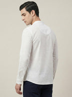 TerraDesi Men’s White Cotton Textured Stripe Short Kurta | Mandarin Collar Roll-Up Sleeve Kurta