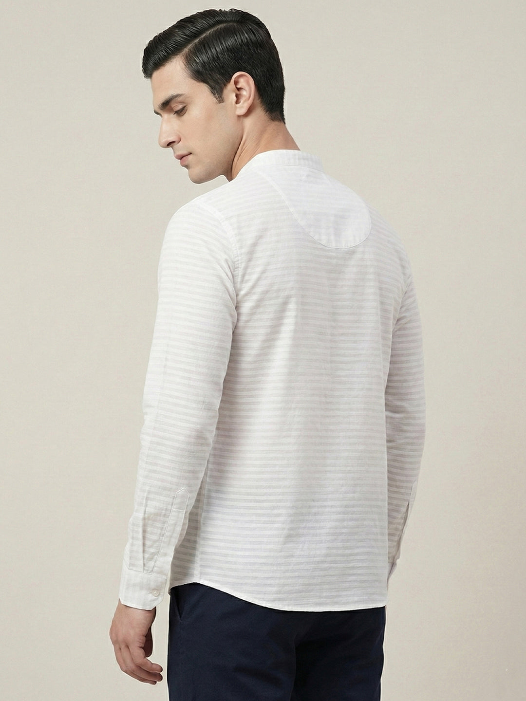 TerraDesi Men’s White Cotton Textured Stripe Short Kurta | Mandarin Collar Roll-Up Sleeve Kurta