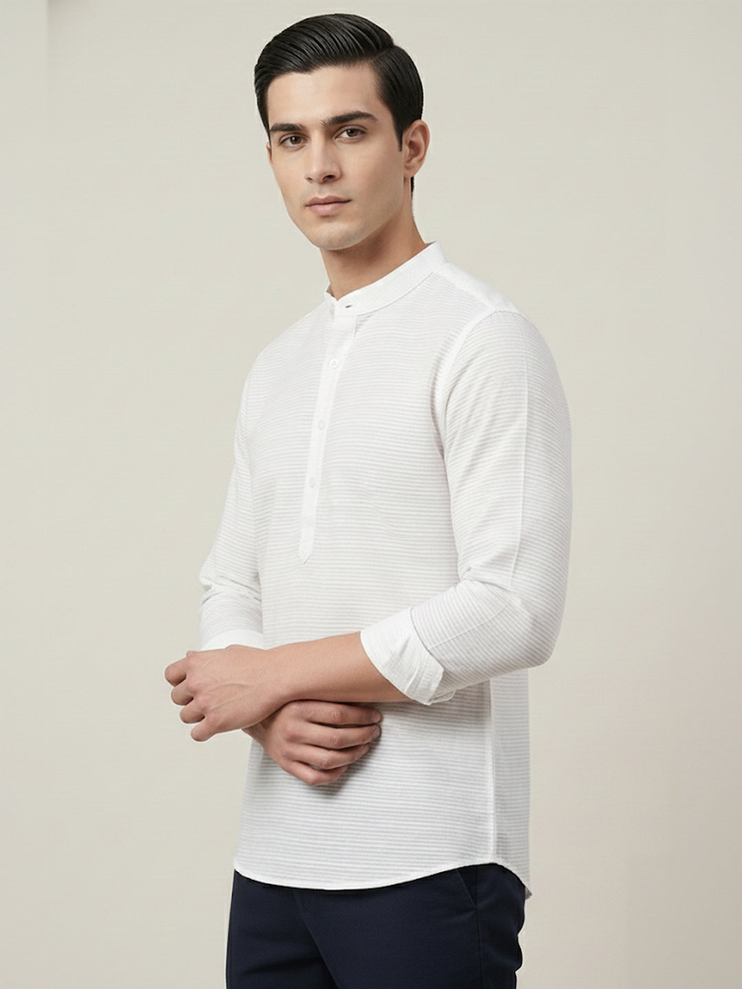 TerraDesi Men’s White Cotton Textured Stripe Short Kurta | Mandarin Collar Roll-Up Sleeve Kurta