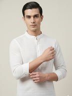 TerraDesi Men’s White Cotton Textured Stripe Short Kurta | Mandarin Collar Roll-Up Sleeve Kurta
