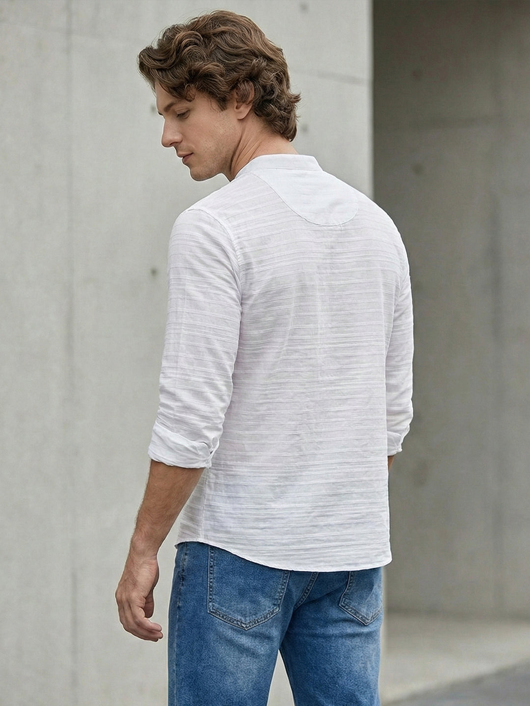 TerraDesi White Textured Cotton Short Kurta for Men | Minimal Mandarin Collar Kurta Secondary image