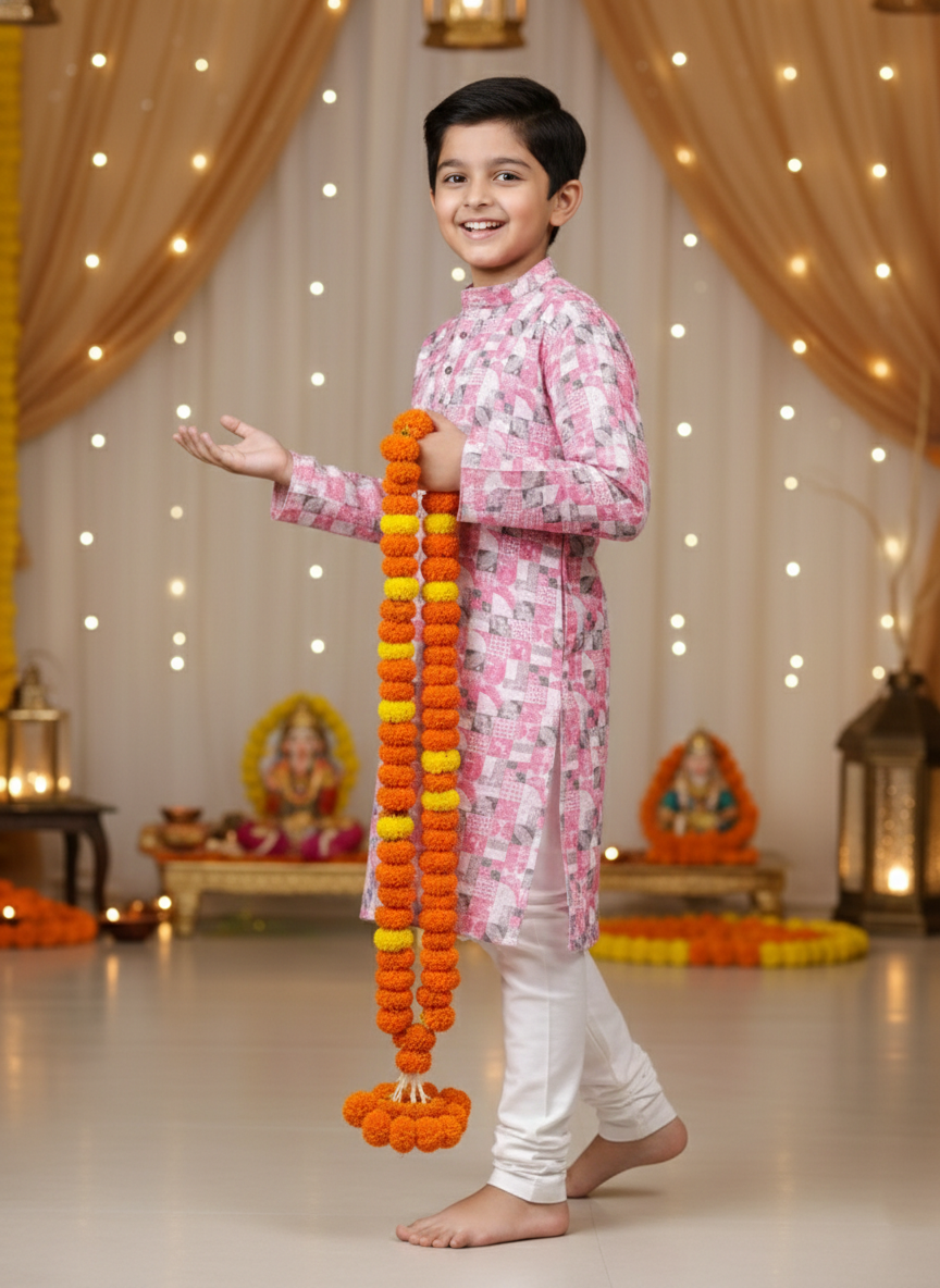 TerraDesi Self Printed Curve Line Crochet Fabric Long Kurta Set For Kids  and Boys. Secondary image