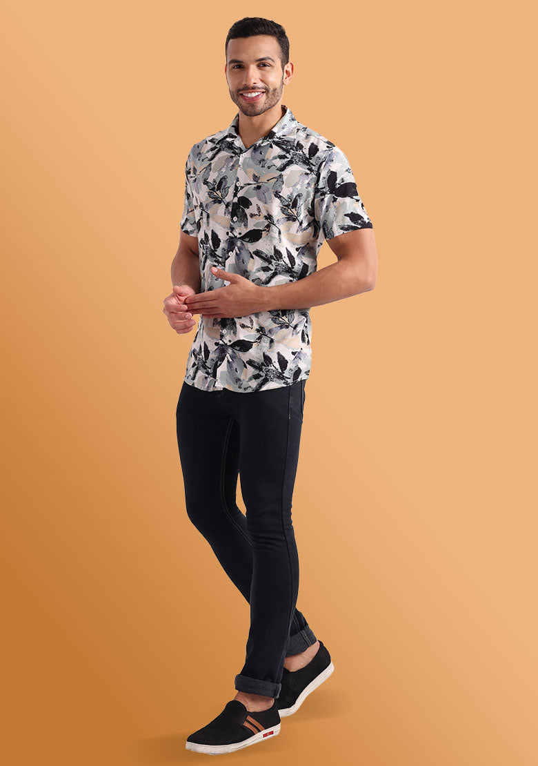 TerraDesi Abstract Leaf Print Shirt – Elegant Neutral Casual Wear