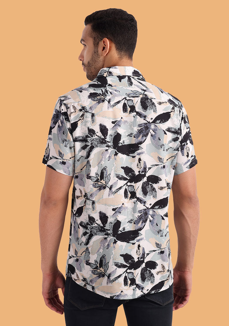 TerraDesi Abstract Leaf Print Shirt – Elegant Neutral Casual Wear