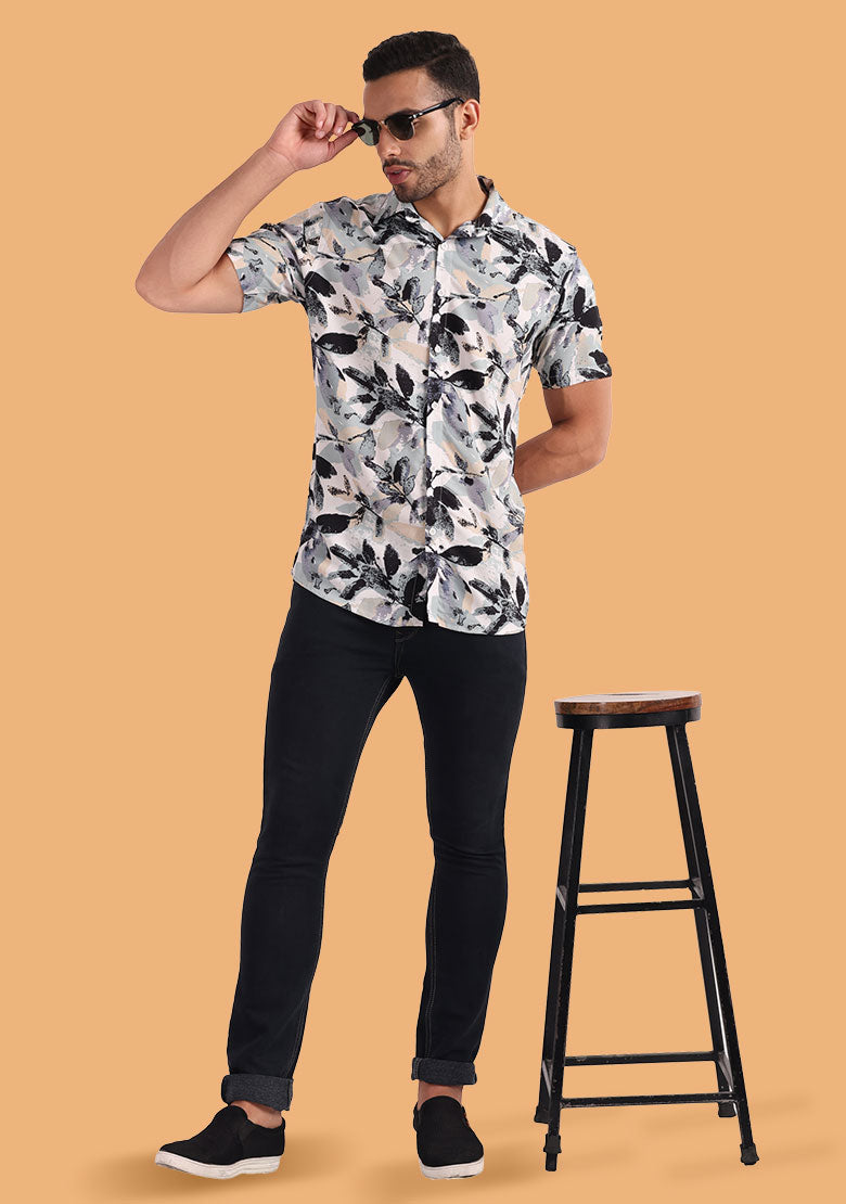 TerraDesi Abstract Leaf Print Shirt – Elegant Neutral Casual Wear
