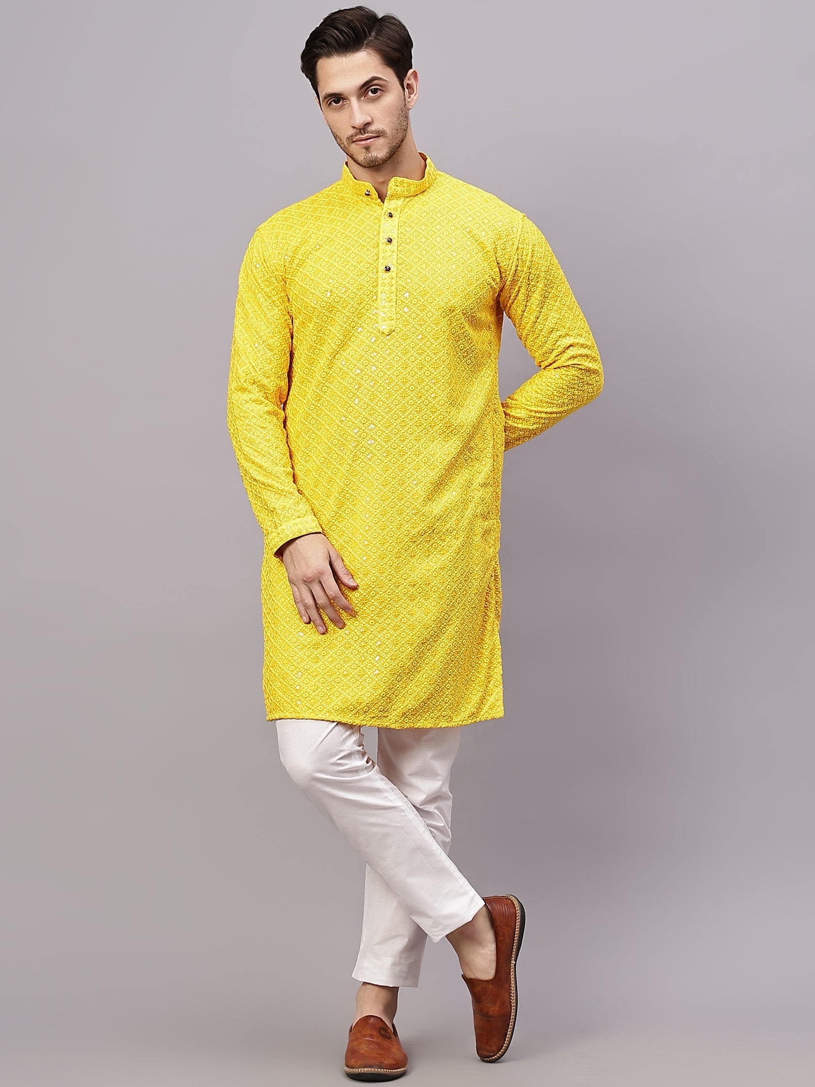 TerraDesi Royal Pista Bloom Chikankari Sequined Kurta Pajama Set