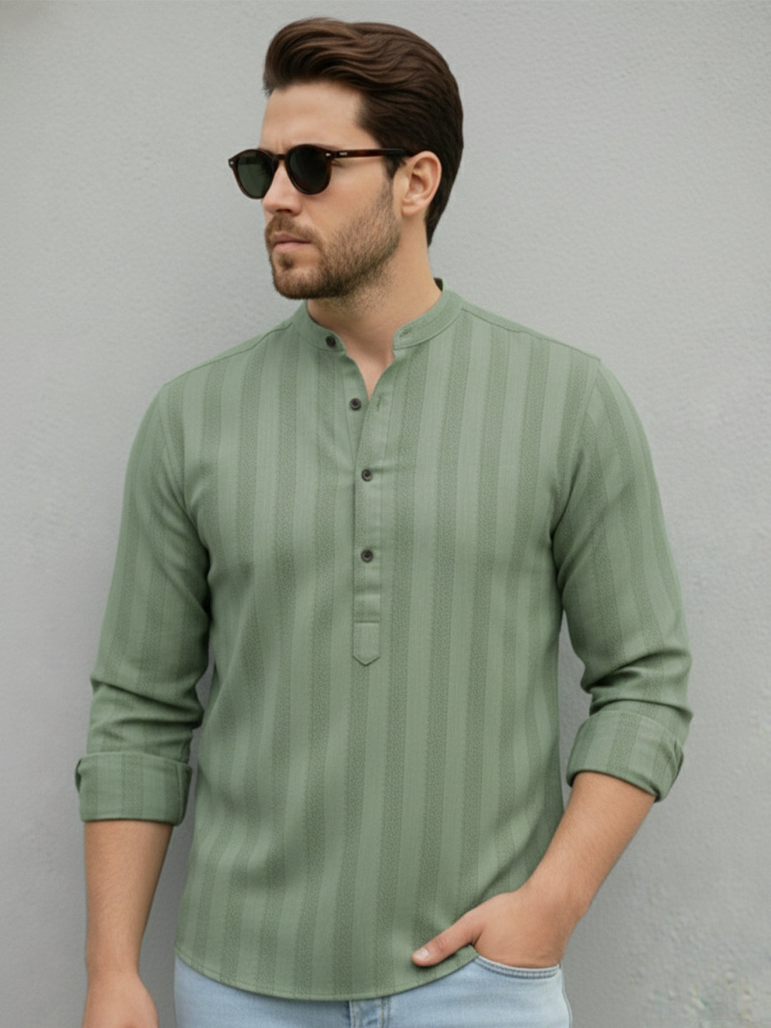 TerraDesi Men's Light Green Vertical Stripe Cotton Short Kurta