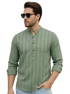 TerraDesi Men's Light Green Vertical Stripe Cotton Short Kurta