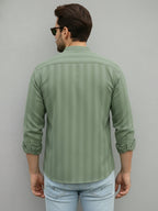 TerraDesi Men's Light Green Vertical Stripe Cotton Short Kurta