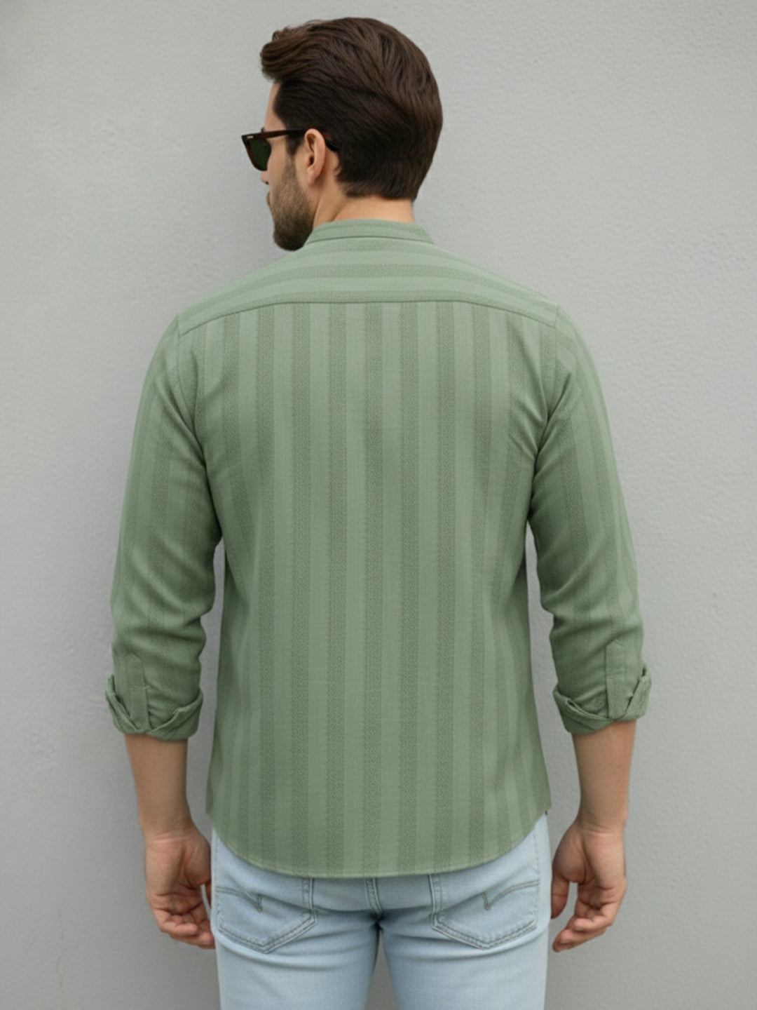 TerraDesi Men's Light Green Vertical Stripe Cotton Short Kurta