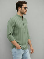 TerraDesi Men's Light Green Vertical Stripe Cotton Short Kurta