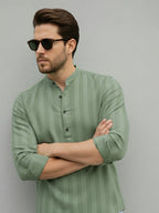 TerraDesi Men's Light Green Vertical Stripe Cotton Short Kurta