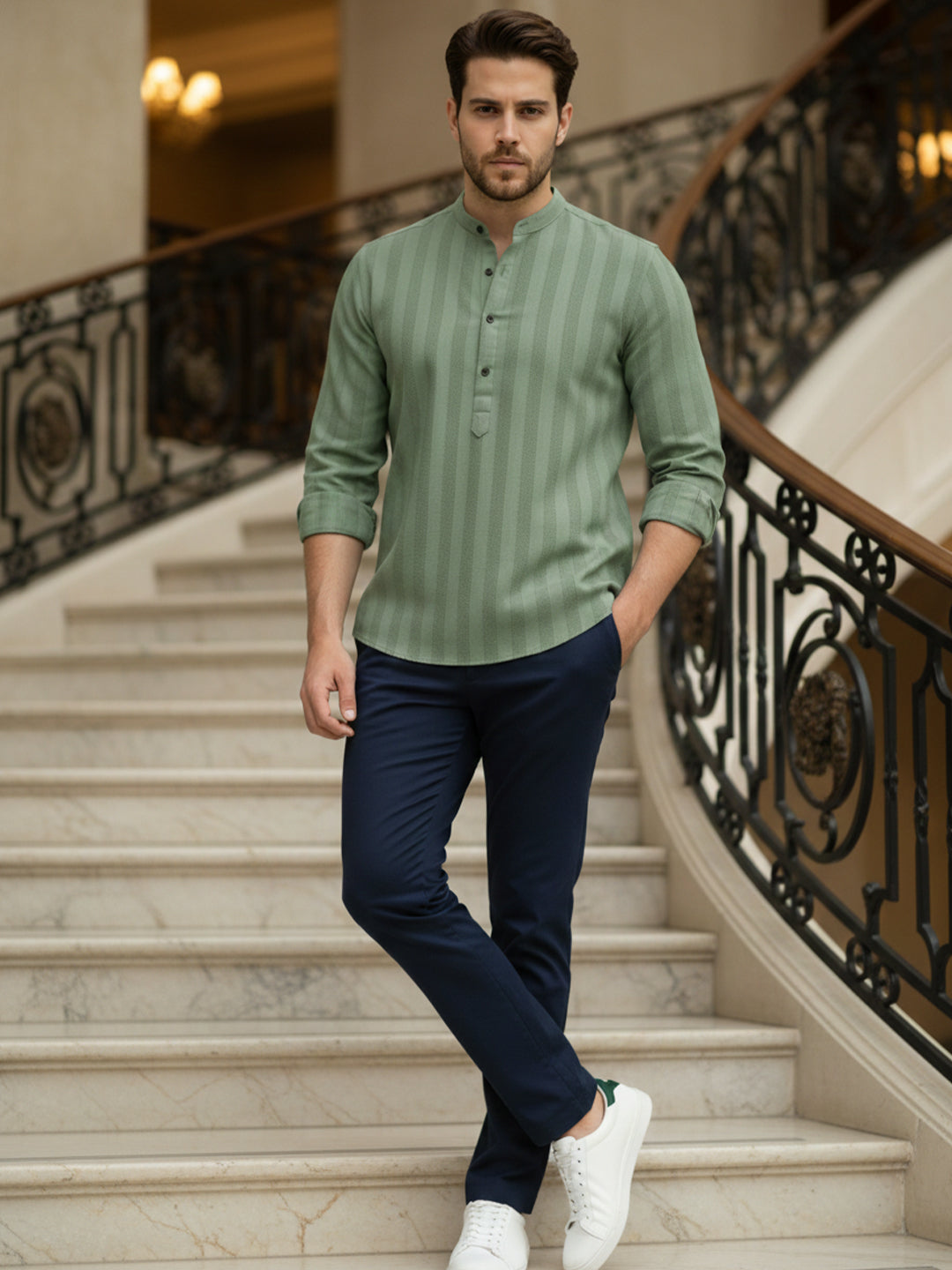 100% Cotton Light Green Mens Strip Full Sleeve Kurta Main image