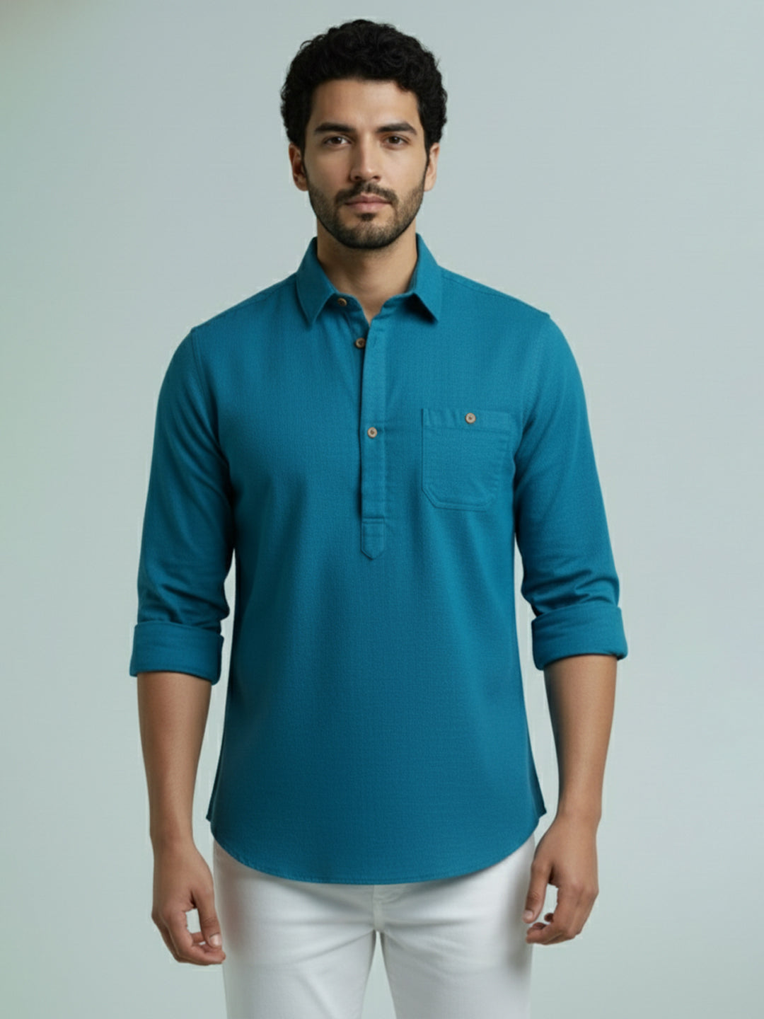 TerraDesi Men's Solid Cotton Short Kurta | Casual Full Sleeve Regular Fit (SE89)