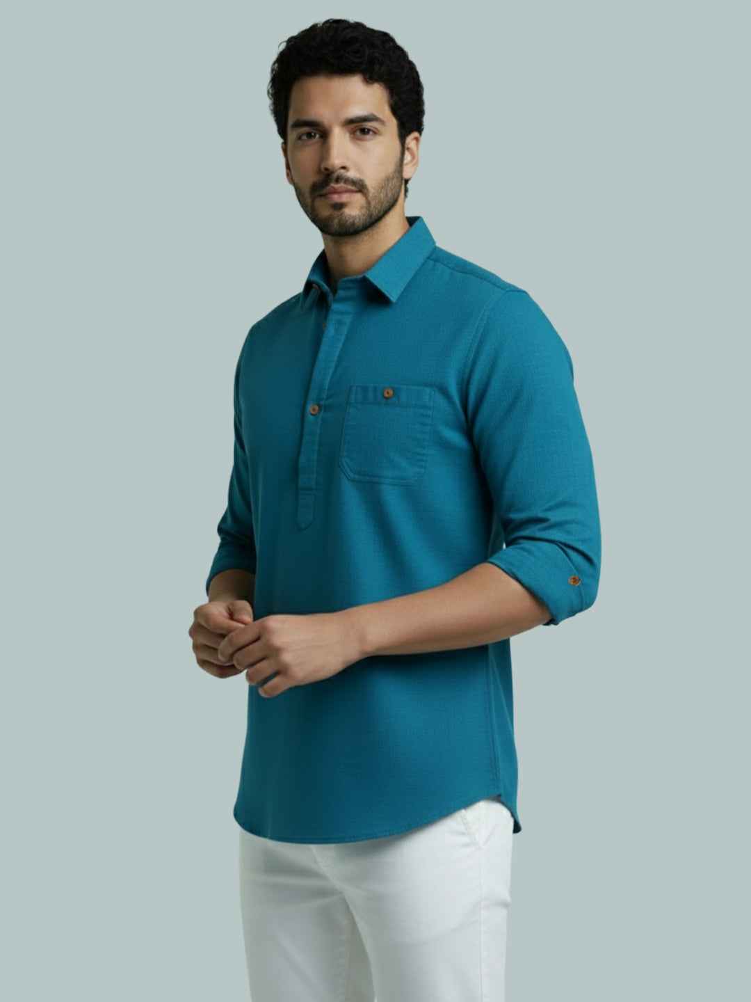 TerraDesi Men's Solid Cotton Short Kurta | Casual Full Sleeve Regular Fit (SE89)