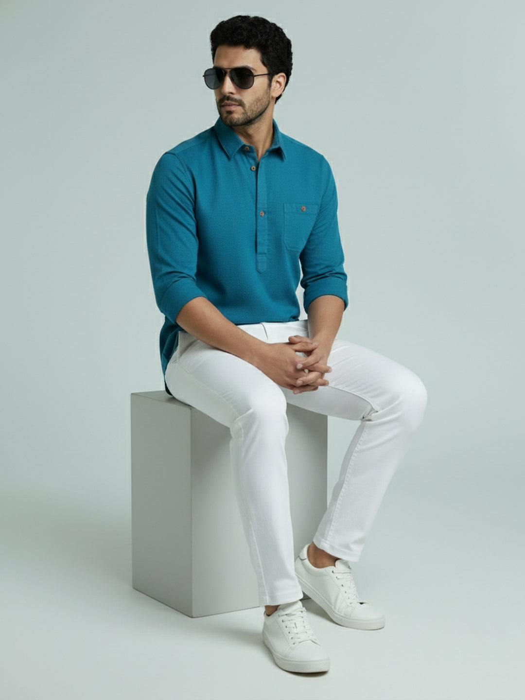 TerraDesi Men's Solid Cotton Short Kurta | Casual Full Sleeve Regular Fit (SE89)
