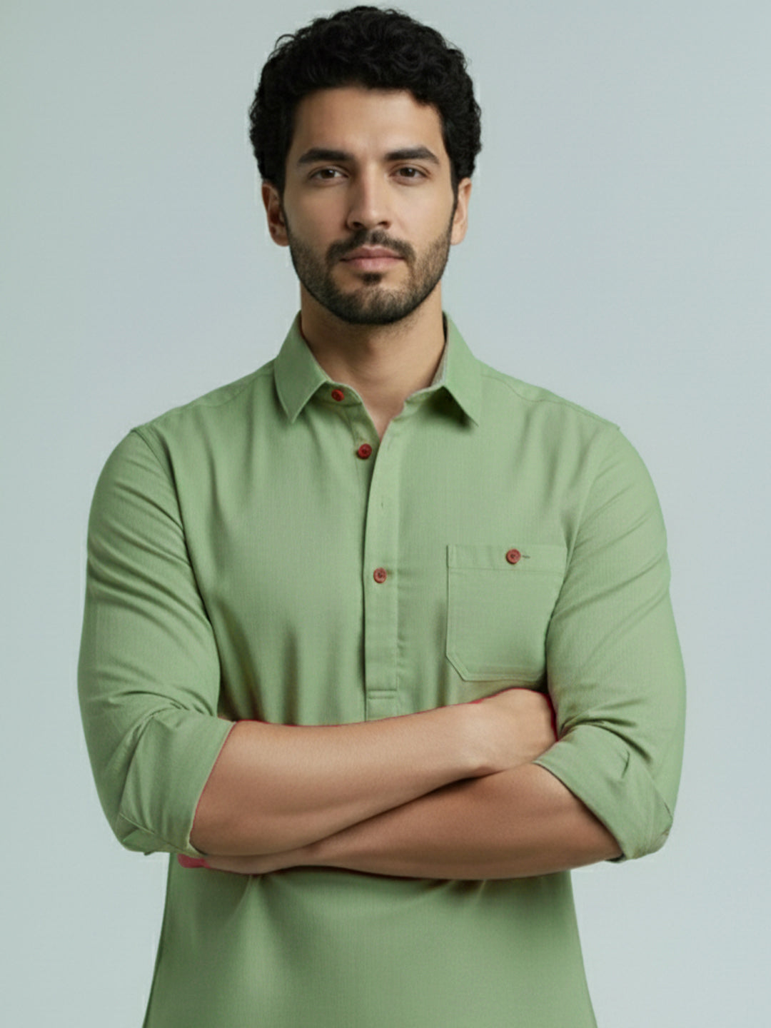 TerraDesi Men's Solid Cotton Short Kurta | Casual Full Sleeve Regular Fit (SE89)