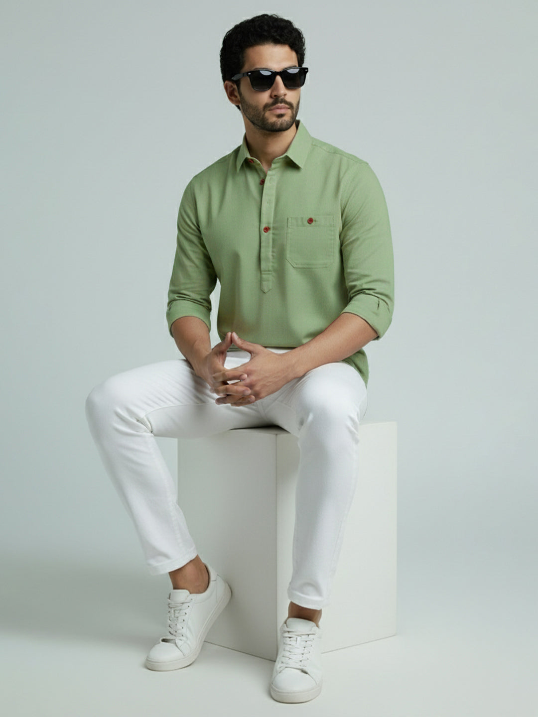 TerraDesi Men's Solid Cotton Short Kurta | Casual Full Sleeve Regular Fit (SE89)