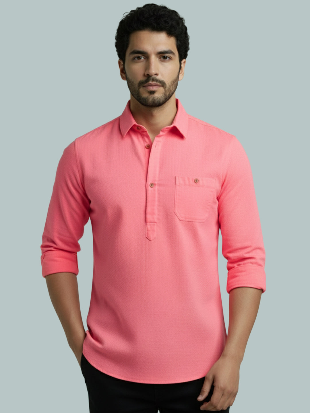 TerraDesi Men's Solid Cotton Short Kurta | Casual Full Sleeve Regular Fit (SE89)