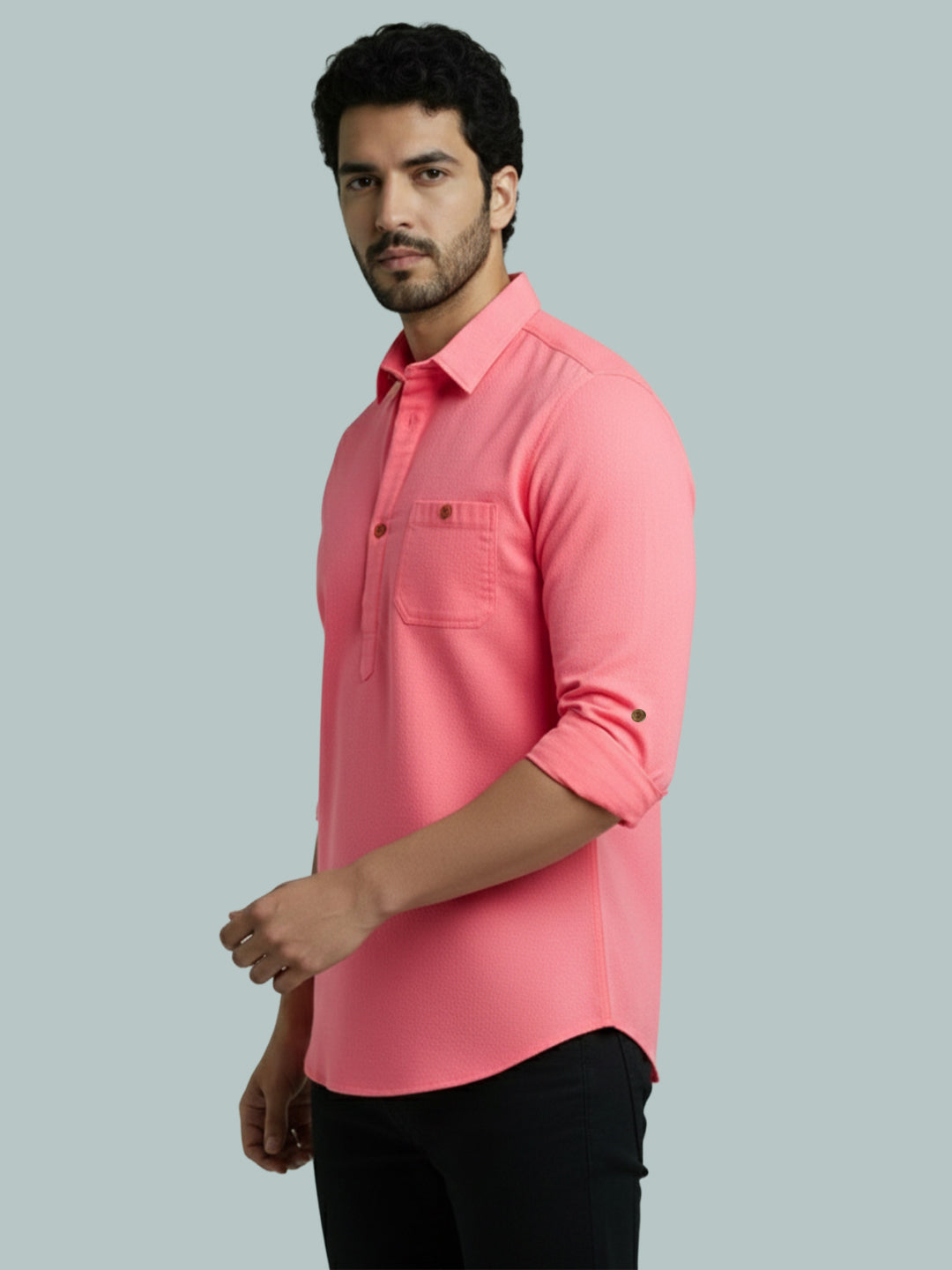 TerraDesi Men's Solid Cotton Short Kurta | Casual Full Sleeve Regular Fit (SE89)