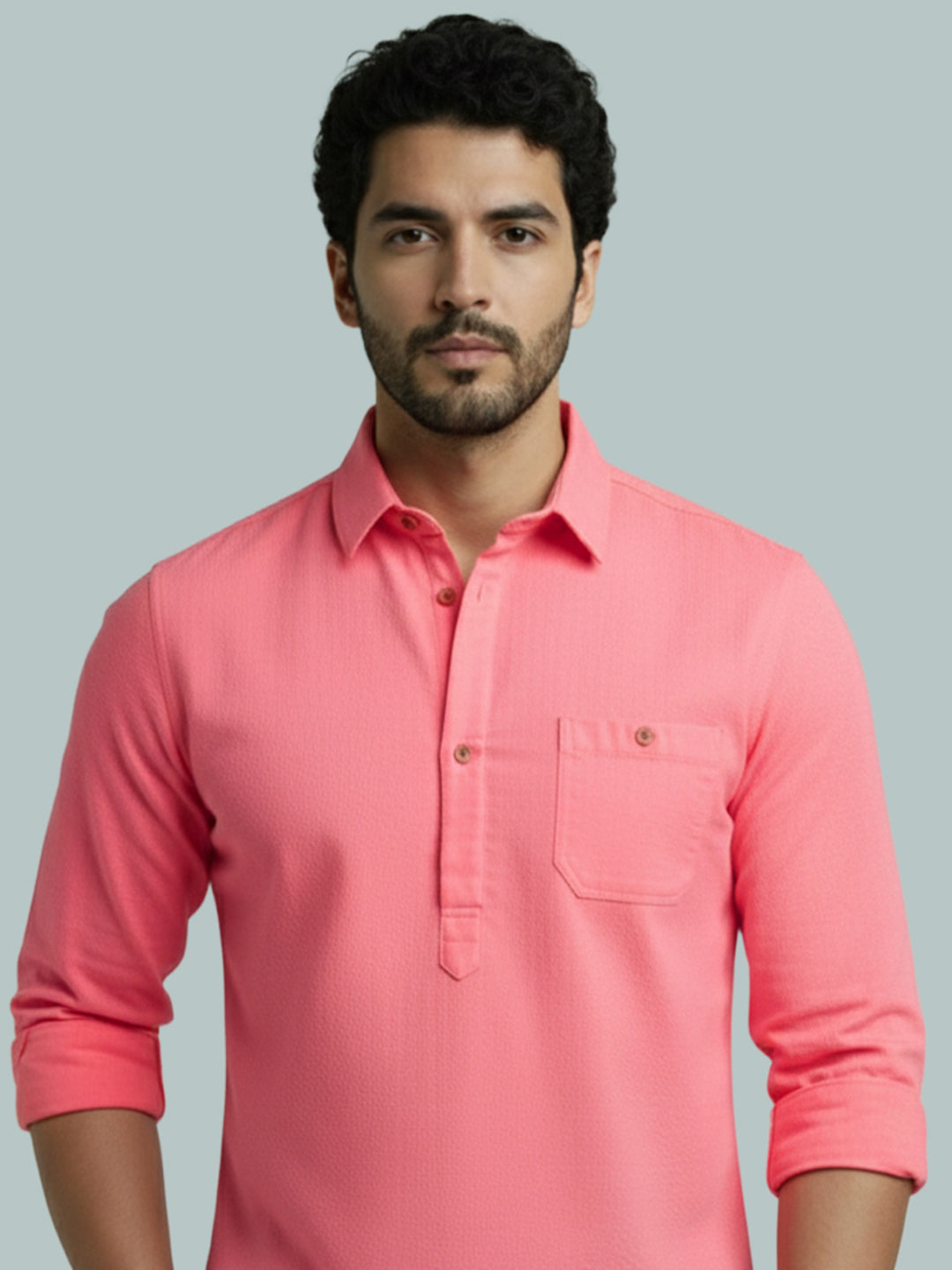 TerraDesi Men's Solid Cotton Short Kurta | Casual Full Sleeve Regular Fit (SE89)