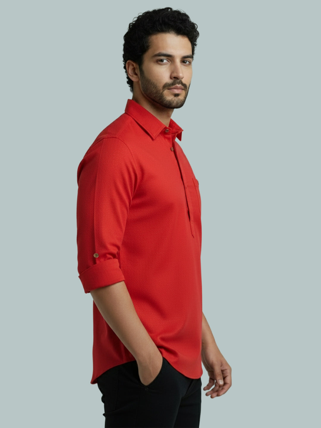 TerraDesi Men's Solid Cotton Short Kurta | Casual Full Sleeve Regular Fit (SE89)