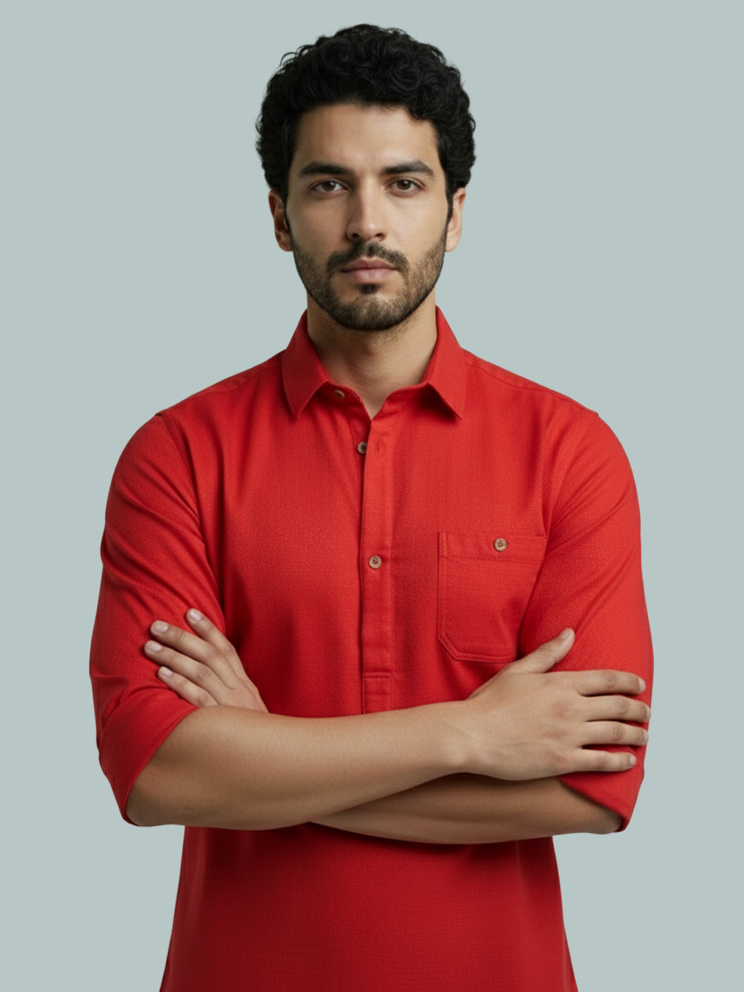 TerraDesi Men's Solid Cotton Short Kurta | Casual Full Sleeve Regular Fit (SE89)
