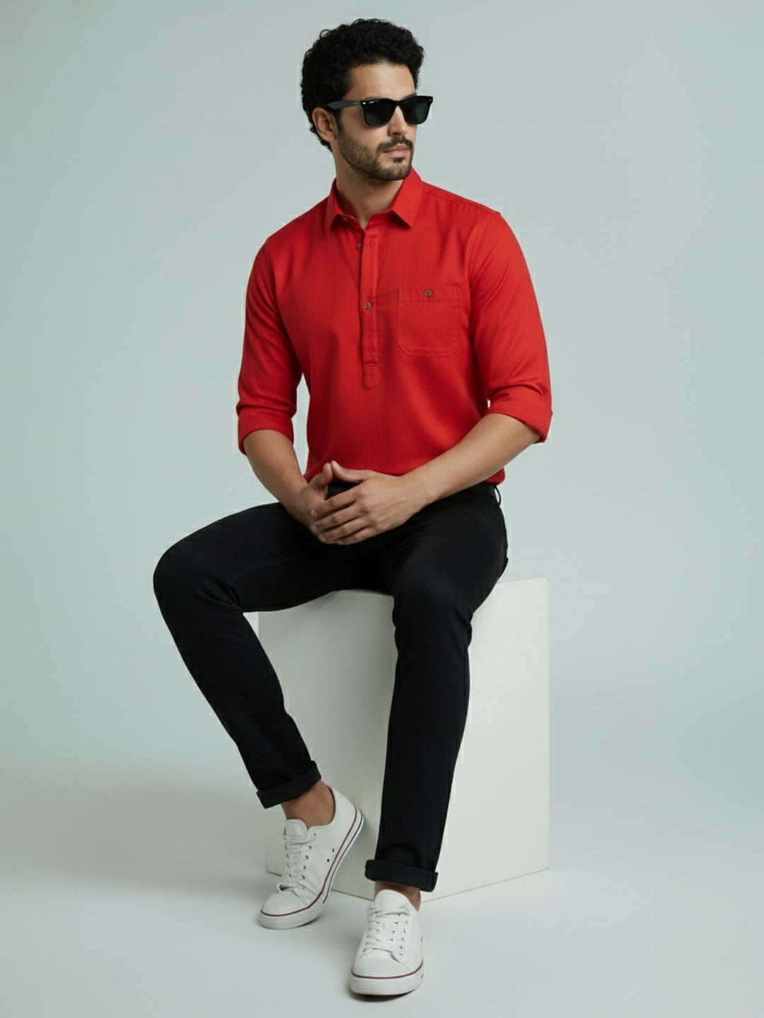 TerraDesi Men's Solid Cotton Short Kurta | Casual Full Sleeve Regular Fit (SE89)