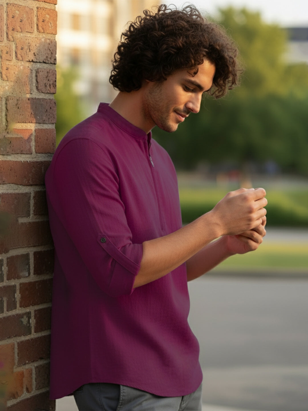 TerraDesi Sand Beige Cotton Kurta for Men | Zipper Closure Mandarin Collar Kurta