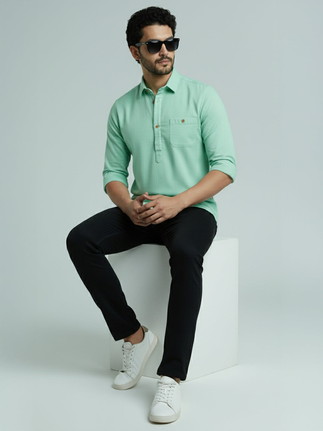 TerraDesi Men's Solid Cotton Short Kurta | Casual Full Sleeve Regular Fit (SE89)