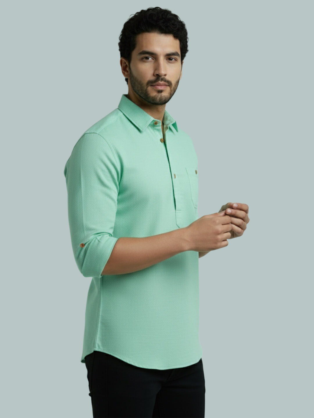 TerraDesi Men's Solid Cotton Short Kurta | Casual Full Sleeve Regular Fit (SE89)