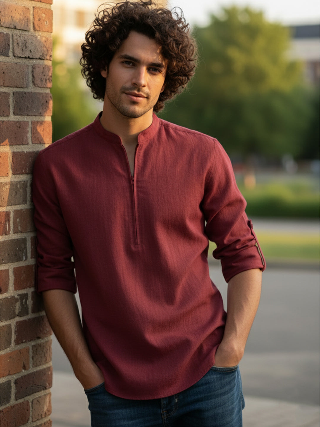 TerraDesi Sand Beige Cotton Kurta for Men | Zipper Closure Mandarin Collar Kurta