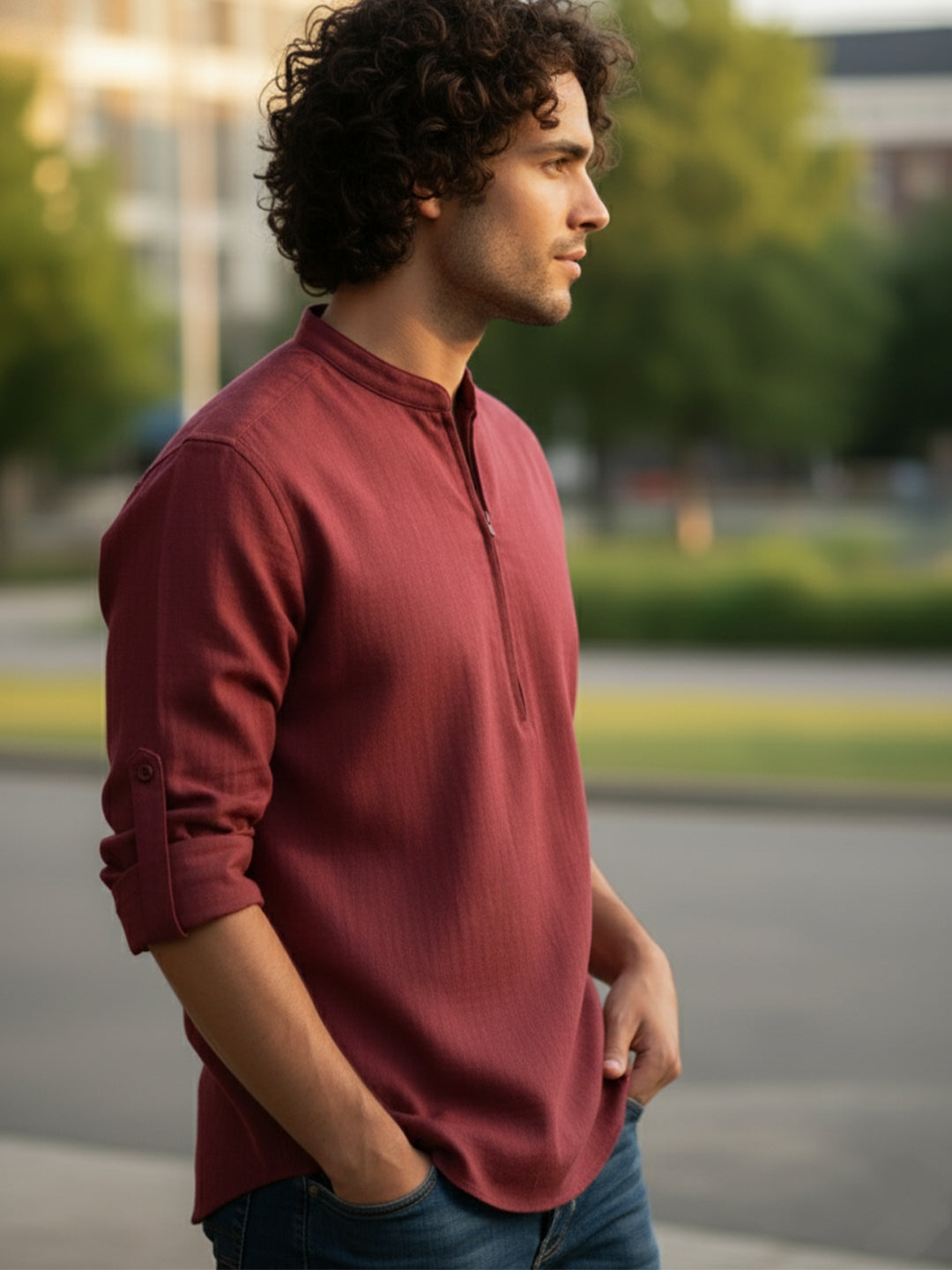 TerraDesi Sand Beige Cotton Kurta for Men | Zipper Closure Mandarin Collar Kurta