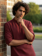 TerraDesi Sand Beige Cotton Kurta for Men | Zipper Closure Mandarin Collar Kurta